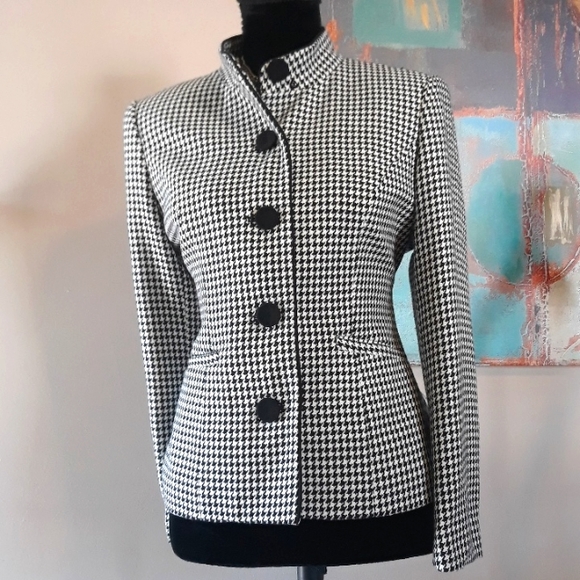 Vintage Petite Sophisticate Button Front Houndstooth Blazer Black/ White Size 8P - Picture 8 of 11